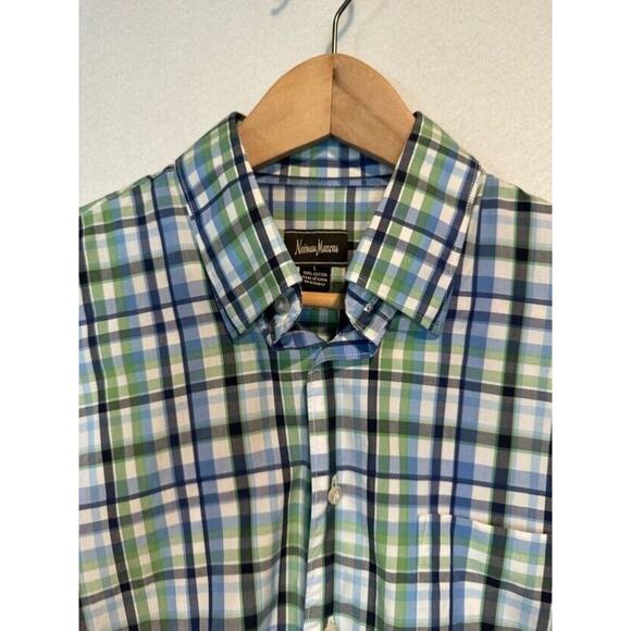 Neiman Marcus Mens Large Plaid Trim Fit Button Up Shirt Blue Green White Plaid - Picture 4 of 12